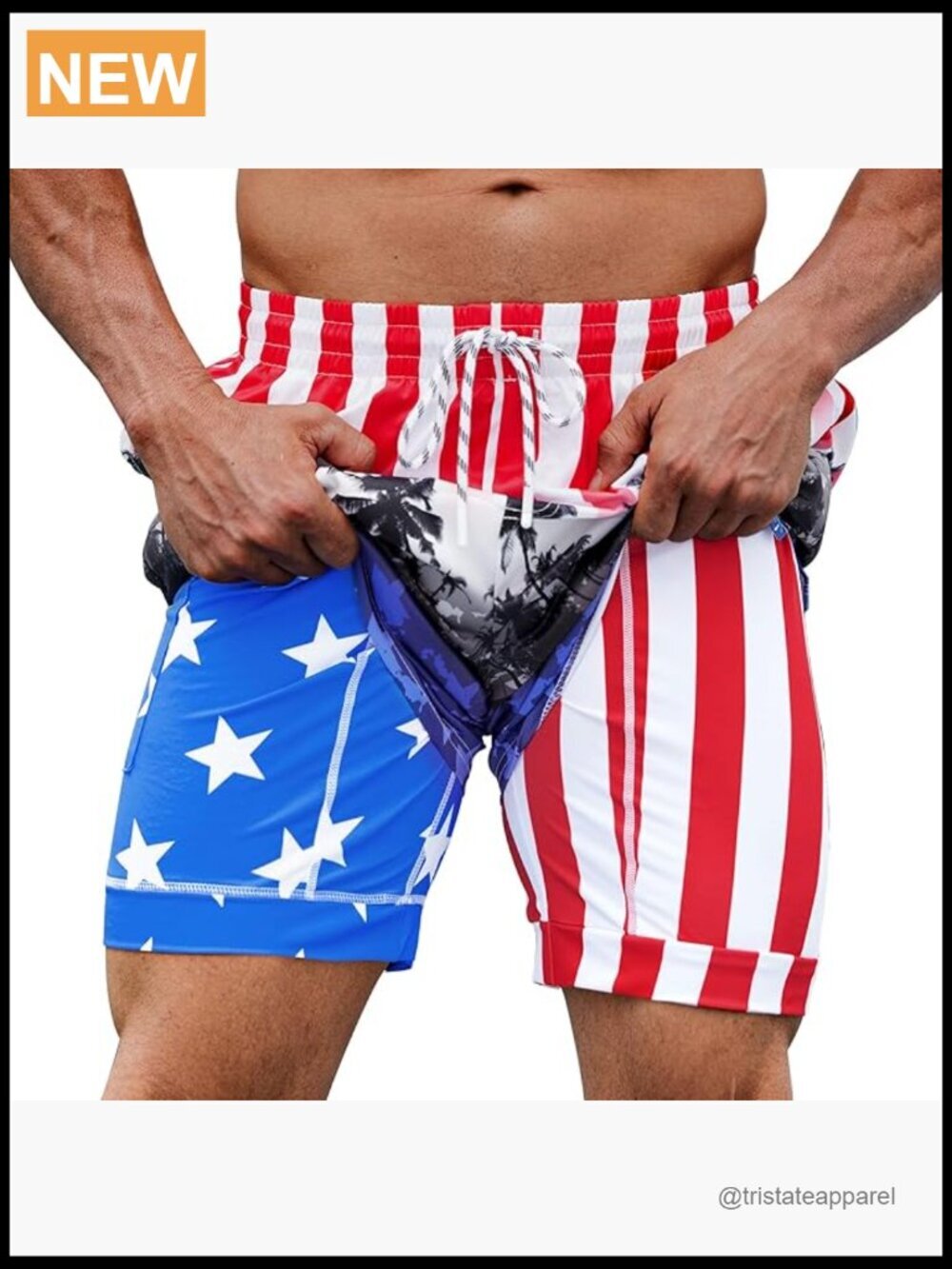 Men's American Flag Swim Trunks 6" Inseam Board Short with Compression Liner